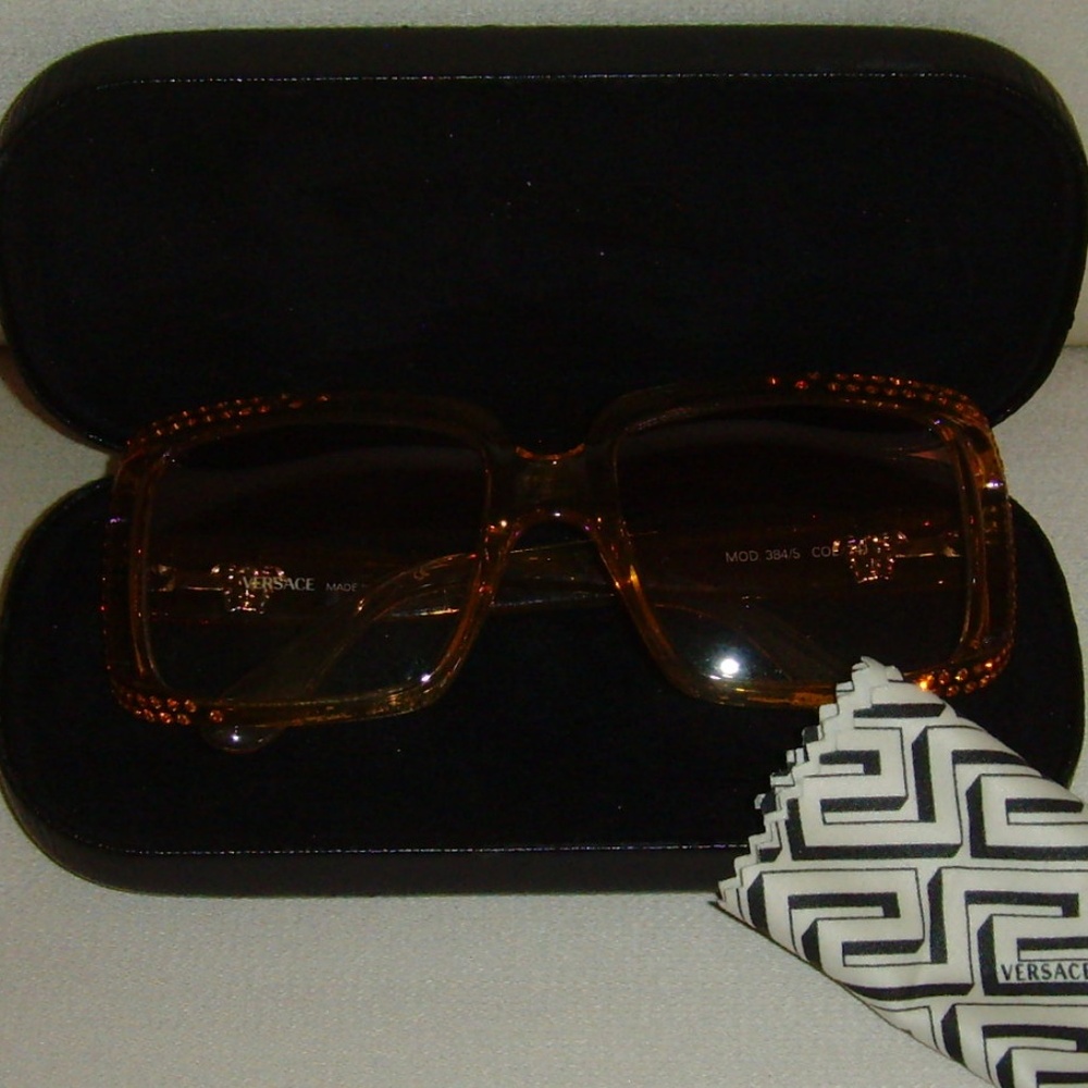 VERSACE Vintage Amber Colored and Rhinestone Sunglasses - Picture 13 of 16